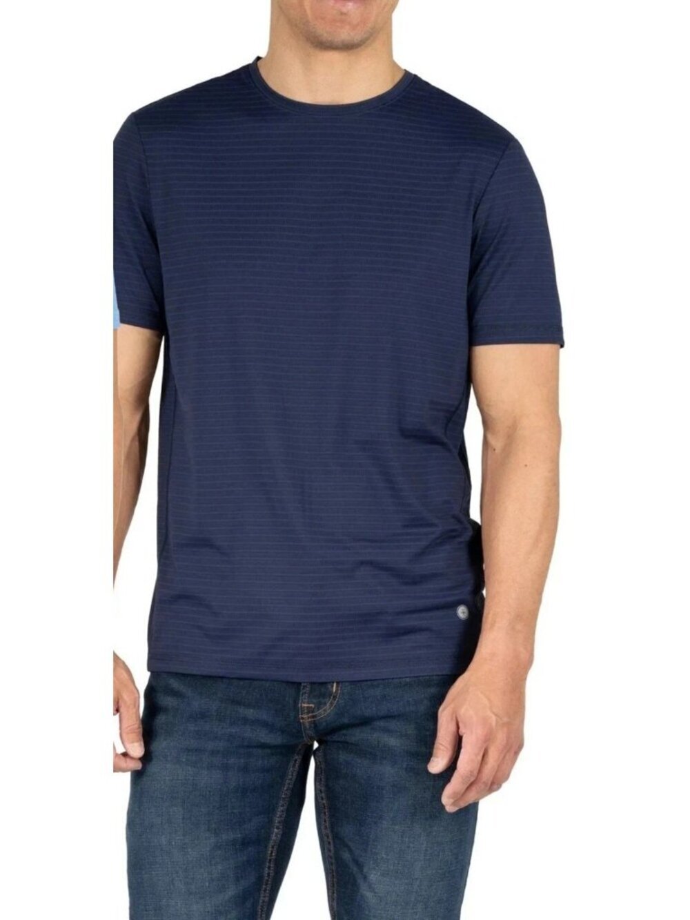NWOT Soybu Men's L Navy Striped Crew Neck Short Sleeve Performance T-Shirt B1447
